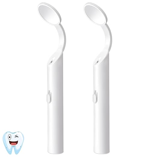 2 Pieces Dental Mirror with Light - LED Lighted Teeth Inspection Mirror, Anti Fog Curve Angle Mouth Mirrors Dentist Oral Assistant Care Tool Accessories (White)