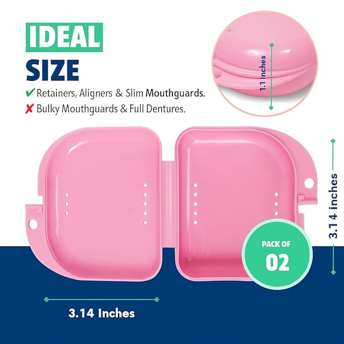 Pink Retainer Case - Pack of 2 - Odorless Mouth Guard Case - Retainer Holder - Ventilated, Durable & Hygienic Cases for Travel, Carrying and Protecting Braces, Partial Dentures & Aligners