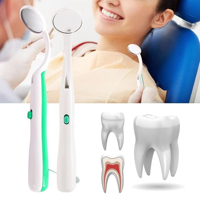 2 Pcs Dental Mirror with Light Tool LED Lighted Teeth Inspection Mirror Anti Fog Curve Angle Dentist Oral Care Tool (Green)
