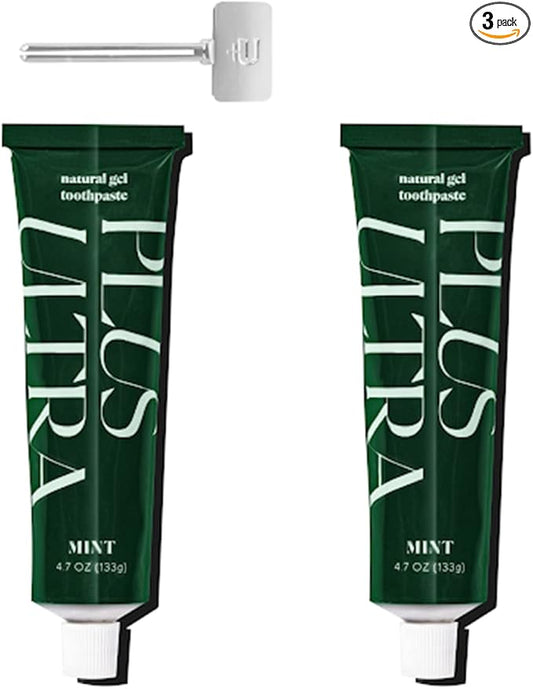 Plus Ultra 2 Organic Fluoride-Free Gel Toothpaste in Aluminum Tube | Eco-Friendly, SLS Free | Made with Aloe, Peppermint, Bamboo Extract | for Sensitivity & Whitening & 1 Toothpaste Squeezer Turn Key