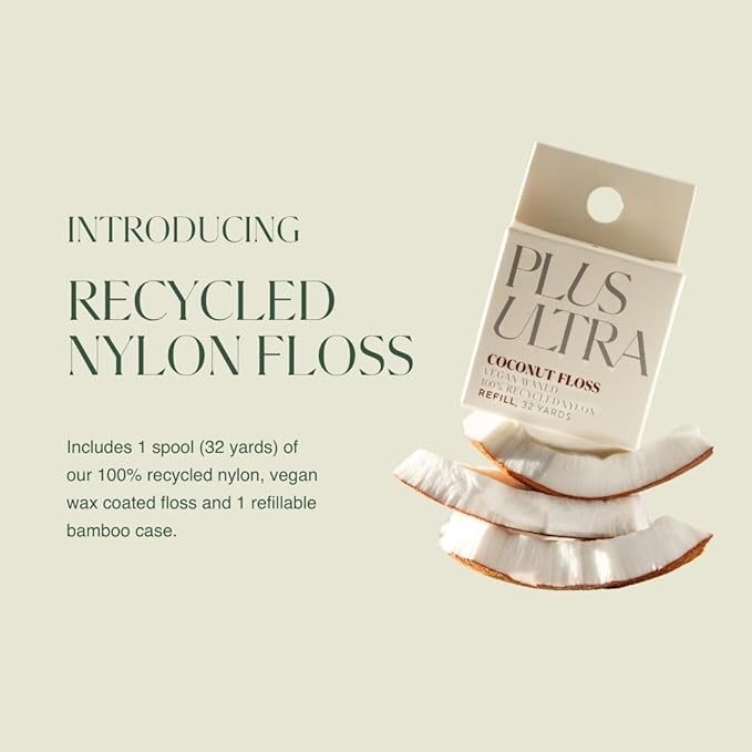 Plus Ultra Coconut Nylon Dental Floss with Reusable Bamboo Case | Made with Recycled Nylon and Vegan Wax | Zero Plastic | 32 Yards (Pack of 1)