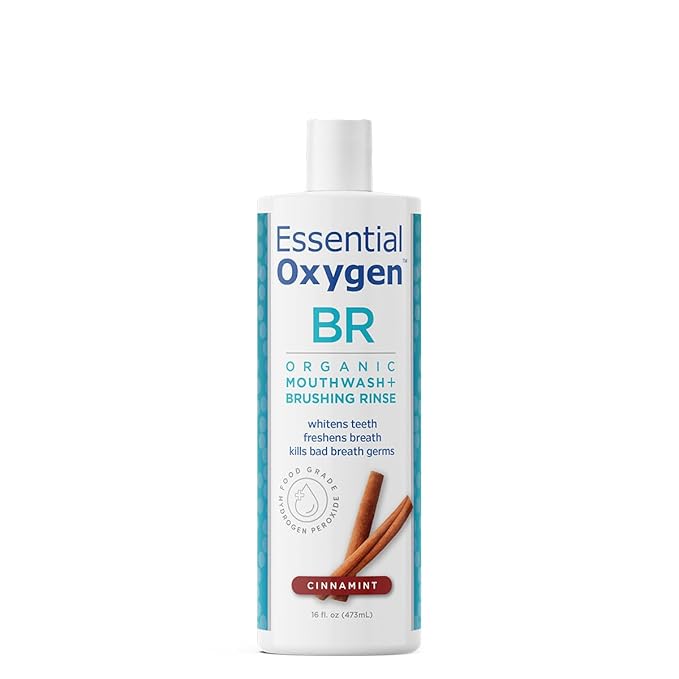 Essential Oxygen, Certified Organic Brushing Rinse, Cinnamint, 16 fl oz, All Natural Mouthwash for Whiter Teeth, Fresher Breath, and Happier Gums, Dentist Recommended, Alcohol-Free, BR (Pack of 1)