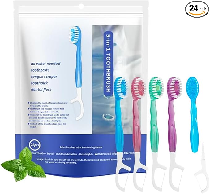 26 Pack Mini Disposable Toothbrushes with Toothpaste 5 in 1 Travel Portable Toothbrush Individually Wrapped with Toothpaste + Tongue Scraper + Picks+Floss Travel Case (Mix 4 Flavors, 26)