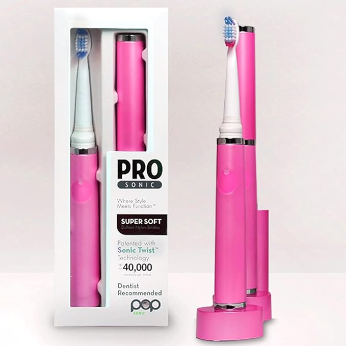 Pop Sonic Ultimate Pro Toothbrush (Pink) | Rechargeable Battery w/Up to 40,000 Brush Strokes/Minute -Long-Lasting Dupont Nylon Bristles - for Teens & Adults w/Quadrant Pacer & Timer