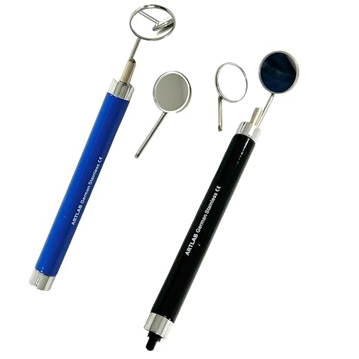 2 Pack - Dental Teeth Examination Mirror Handles with Mirror Heads #4 + #5 - with Illumination Light - Black and Blue Handles - German Stainless