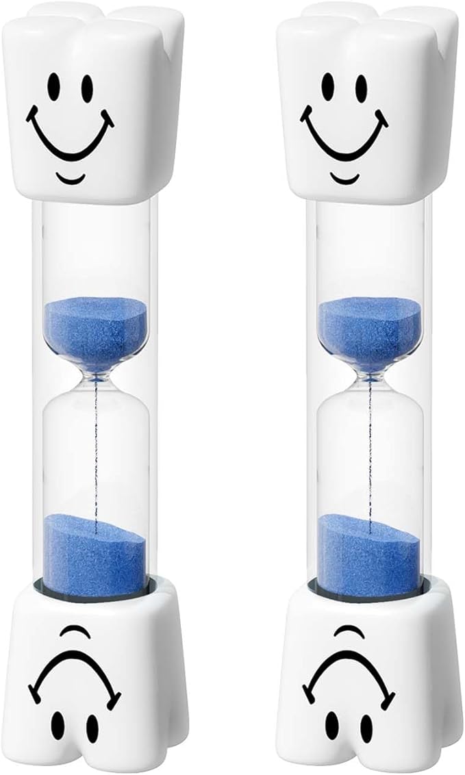 2 Minute Sand Timer for Kids, Small Blue Smiley Acrylic Hourglass Sand Clock Set, Plastic Glass Mini Sandglass for Toothbrush Classroom Games Kitchen (Pack of 2)