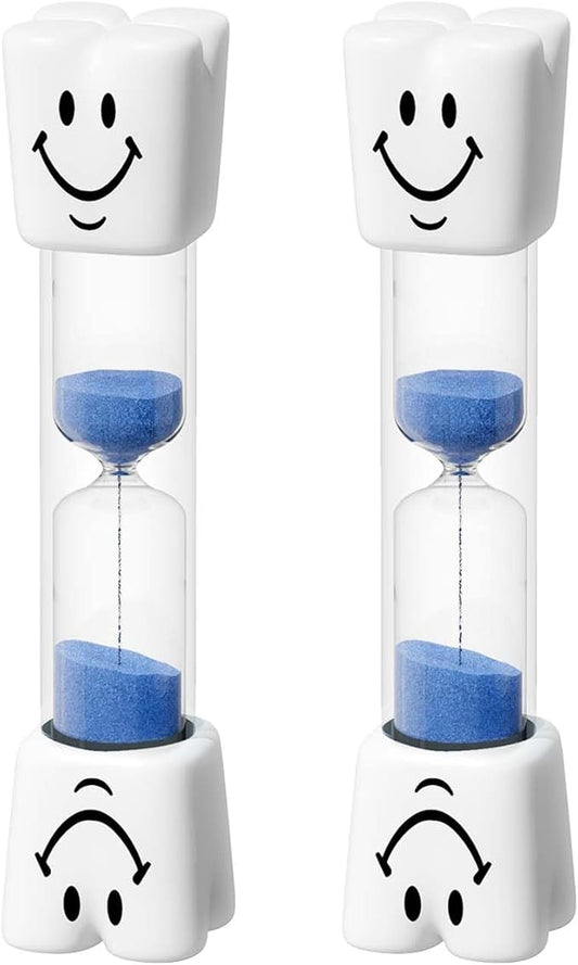 2 Minute Sand Timer for Kids, Small Blue Smiley Acrylic Hourglass Sand Clock Set, Plastic Glass Mini Sandglass for Toothbrush Classroom Games Kitchen (Pack of 2)