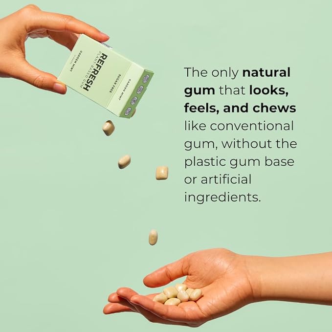 Refresh Gum, Xylitol, Natural, Sugar Free, Plastic Free, Natural Flavors & Organic Ingredients, Plant-Based, Low Calorie, Non GMO, Gluten Free, Vegan, Garden Mint Flavor, 12 Pcs, 12 Pack