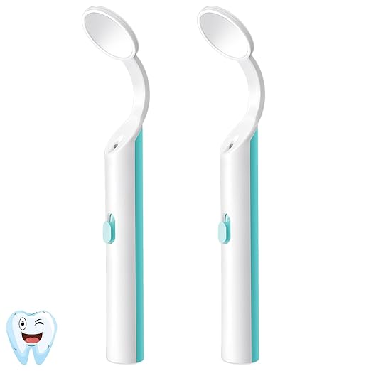 2 Pieces Dental Mirror with Light - LED Lighted Teeth Inspection Mirror, Anti Fog Curve Angle Mouth Mirrors Dentist Oral Assistant Care Tool Accessories (Light Green)