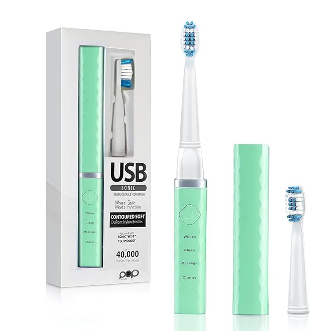 Pop Sonic USB Charge Anywhere Toothbrush(Green) - Rechargeable Toothbrush w/Up to 40,000 Brush Strokes/Minute-Long-Lasting Dupont Nylon Bristles -Teens & Adult with Quadrant Pacer & Timer