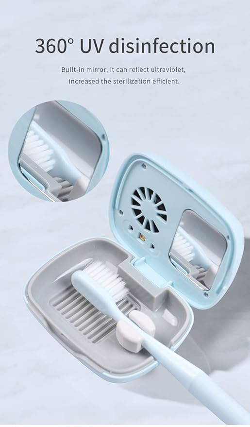 Rechargeable Mini UV Toothbrush Cover with Fan and USB Cord for Travel or Home, Long Battery Life and Improved Case Ventilation for Better Disinfection (Blue)