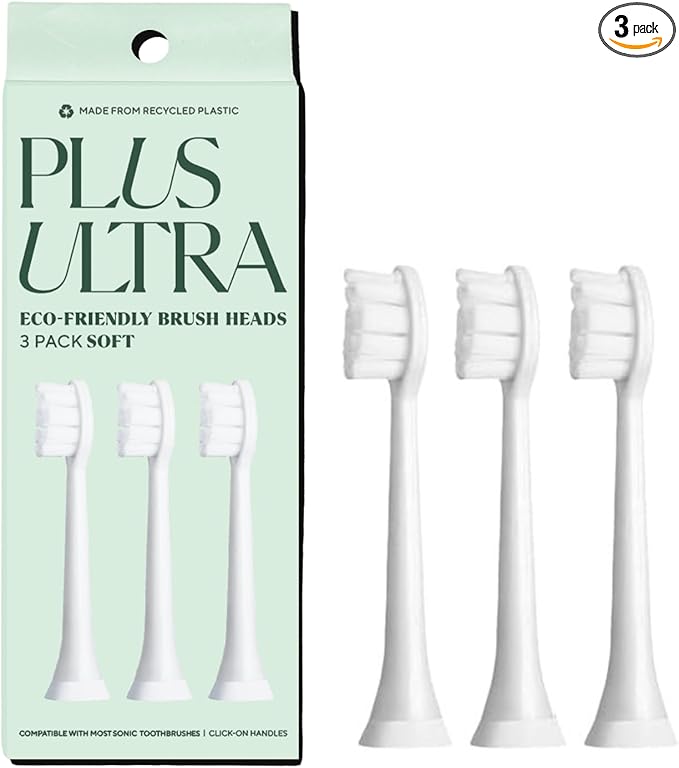 Plus Ultra Eco Friendly Toothbrush Replacement Heads 3 Pack | Designed for Sonic Powered Electric Toothbrushes | Made with Recycled Plastic | Soft Toothbrush for Sensitive Teeth