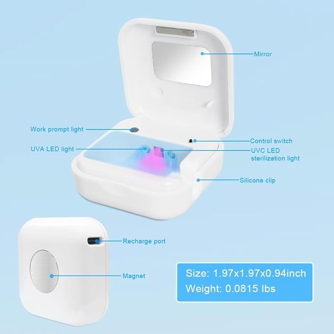 Portable UV-C Toothbrush Sanitizer and Holder – Travel Case for Manual & Electric Toothbrush Heads – UV Light Cleaning Box – USB Rechargeable – Travel-Friendly