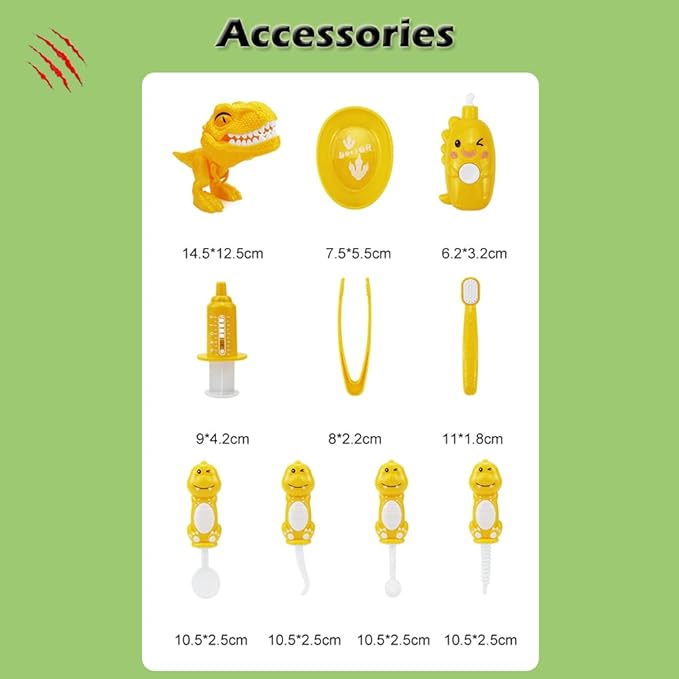 10PCS Plastic Dinosaur Simulation Dentist Play Set Animation Medical Kit Pretend Toy for Kids Hygienic Habbit Cultivation Role Play Game for Children 5 Models OPP Bag Packaging (Yellow)