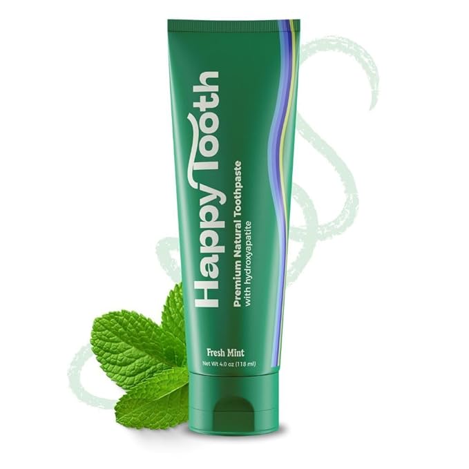 Happy Tooth Hydroxyapatite Toothpaste, Fluoride Free, Natural Whitening for Kids, Toddlers and Adults, SLS Free, Enamel Safe, Dentist Formulated with Clean Ingredients, Fresh Mint Flavor, 4.0 oz