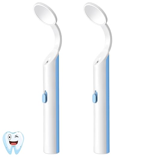 2 Pieces Dental Mirror with Light - LED Lighted Teeth Inspection Mirror, Anti Fog Curve Angle Mouth Mirrors Dentist Oral Assistant Care Tool Accessories (Light Blue)
