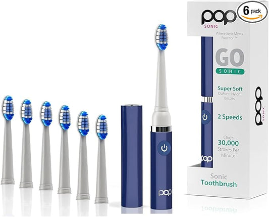 Pop Sonic Electric Toothbrush (Navy + 6 Brush Heads) - Travel Toothbrushes w/AAA Battery | Kids Electric Toothbrushes with 2 Speed & 15,000-30,000 Strokes/Minute, Dupont Nylon Bristles