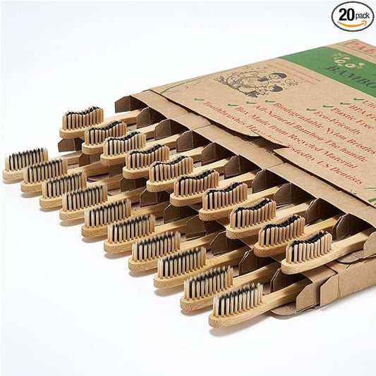 20 Count Bamboo Toothbrushes (Soft+Medium), Natural Wood Toothbrushes Bulk, Eco-Friendly, BPA Free, Biodegradable & Compostable Charcoal Wooden - Reusable Travel Toothbrush