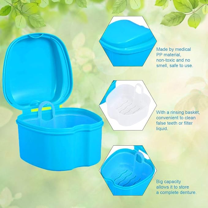 Denture Bath Box Cup, Complete Clean Care for Dentures, Clear Braces, Mouth Guard, Night Guard & Retainers, Traveling (Navy Blue & Blue)