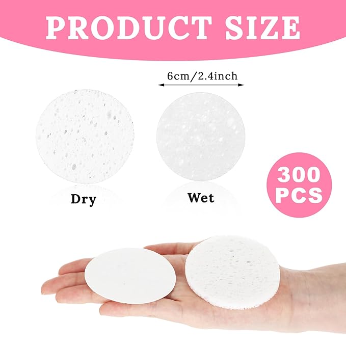 300Pcs Soft Facial Sponges Pads Compressed Face Sponges for Daily Cleansing, Cotton Face Washing Sponge Pads Exfoliating Face Sponge, Cosmetic Sponges for Makeup Removal (Round White)