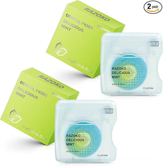 RAZOKO Coconut Oil Infused Woven Dental Floss, Vegan and Cruelty-Free, Mint Scent, 4 Month Supply(33 Yds x 2 Units)