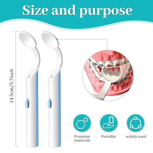 2 Pieces Dental Mirror with Light - LED Lighted Teeth Inspection Mirror, Anti Fog Curve Angle Mouth Mirrors Dentist Oral Assistant Care Tool Accessories (Light Blue)