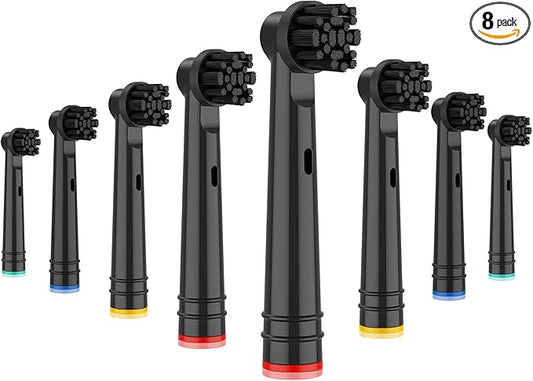 Replacement Brush Heads Compatible with Oral B Electric Toothbrushes, 8 Count, Black, Bamboo Charcoal Infused Bristles Fit for Pro Series 100 500 1000 1500 2000 2500 3000