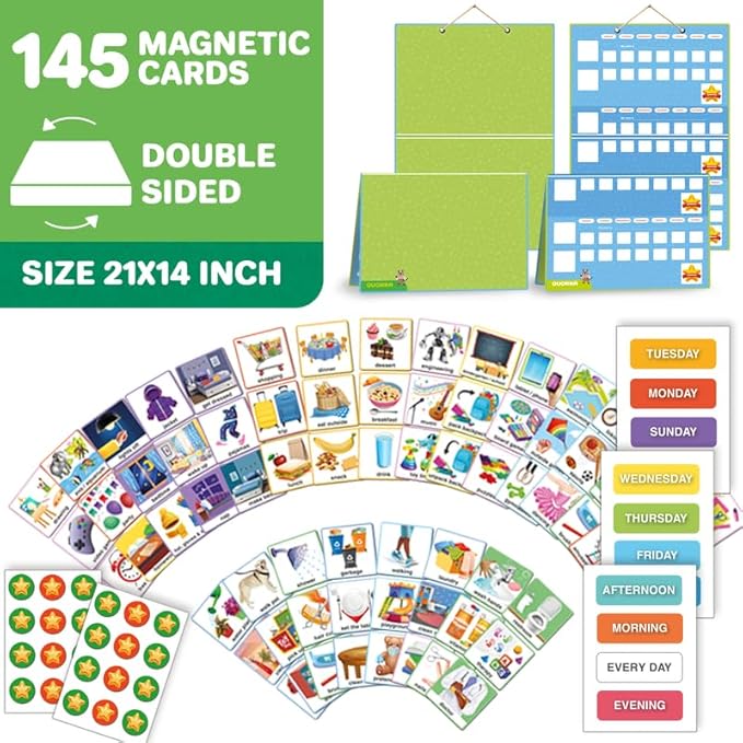 QUOKKA Visual Schedule for Kids With Autism - 145 Reward Chore Chart for Multiple Kids - Behavior Routine Toy for Autistic Children Age 5-7 ADHD Tools - Responsibility Board Autism Learning Material