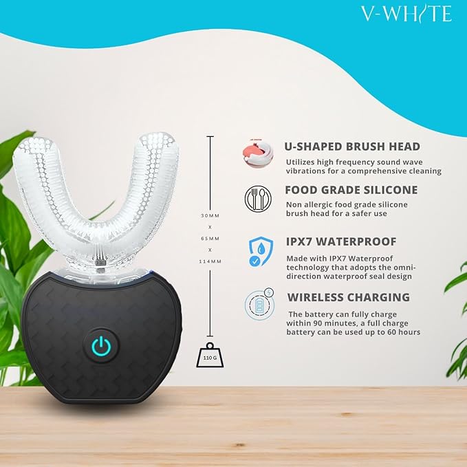 V-WHITE Ultrasonic U-Shaped Toothbrush for Teeth Whitening, Electric Toothbrush For Adults - 360° Mouth Cleansing, Hands Free Gums Protection - Wireless Charging & LED Light -Waterproof IPX7 Certified