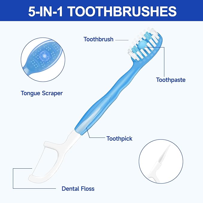 26 Pack Mini Disposable Toothbrushes with Toothpaste 5 in 1 Travel Portable Toothbrush Individually Wrapped with Toothpaste + Tongue Scraper + Picks+Floss Travel Case (Mix 4 Flavors, 26)