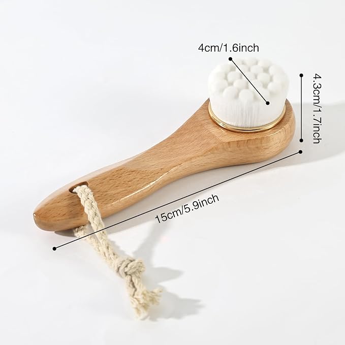 2 Pcs Face Scrubber with Wooden Handle, Facial Cleansing Brushes Face Wash Brush for Deep Pore Cleansing and Exfoliating, Ultra Soft Bristles Manual Dry Brush for Face Care，White