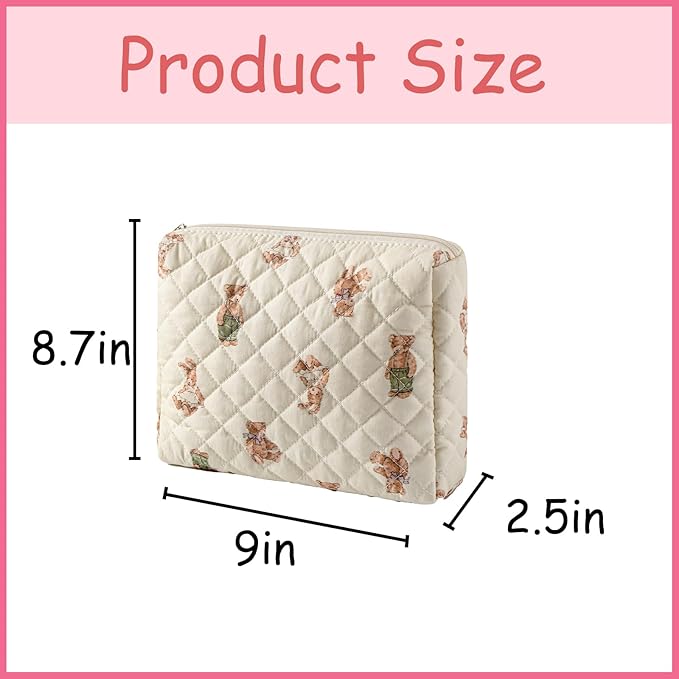 Quilted Cotton Makeup Bag 2Pcs Coquette Cosmetic Bag,Large Soft Floral Travel Toiletry Bag for Women and Girls (01Bear)