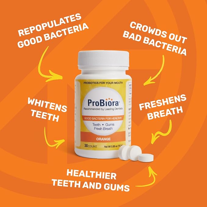 ProBiora Oral-Care Chewable Probiotic Tablets | Probiotic Supplement for Women & Men | Healthier Teeth & Gums | Fresher Breath | Whiter Teeth | Better Overall Health | 30 Count | Orange