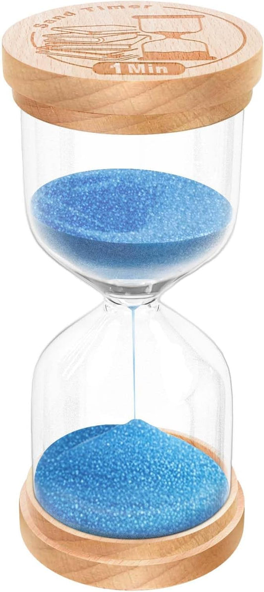 1 Minute Sand Timer, Wooden Hourglass Sand Clock, Small Beech Wood Blue 1 Min Hour Glass, One Minutes Sandglass for Brushing Teeth, Reloj De Arena, Classroom, Game, Kitchen, Home, Office