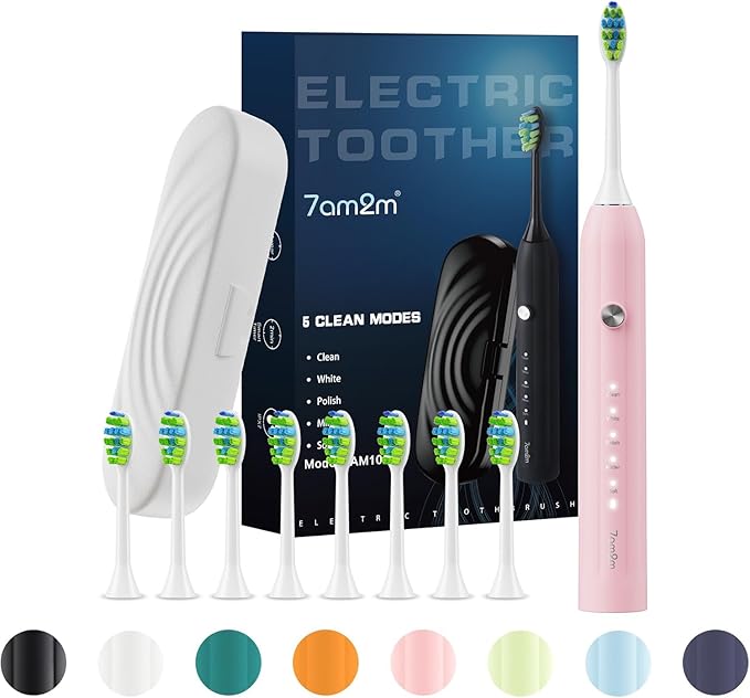 7AM2M Sonic Electric Toothbrush for Adults and Kids, with 8 Brush Heads and Travel Case,5 Modes with 2 Minutes Built in Smart Timer, One Charge Use for 90 Days, Rechargeable Toothbrushes(Pink)