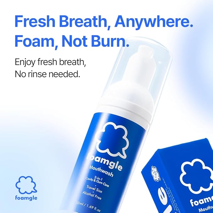 2-in-1 Foam Mouthwash & Toothpaste – Travel Size 50 mL / 1.69 fl oz | Water-Free Oral Care Foam | No Alcohol, No Burn | Carry-On Friendly | Made in Korea