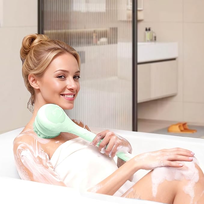 Electric Body Brush Back Scrubber for Shower, Waterproof Long Dual Handle Power Body Scrubber with 3 Heads, Rechargeable Bath Brush & 2 Speeds, for Cleansing, Exfoliating and Massaging Skin