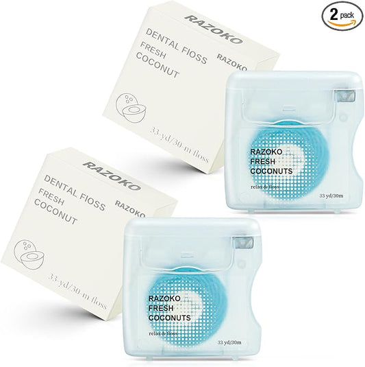 RAZOKO Coconut Oil Infused Woven Dental Floss, Vegan and Cruelty-Free, Coconut Scent, 4 Month Supply (33 Yds x 2 Units)