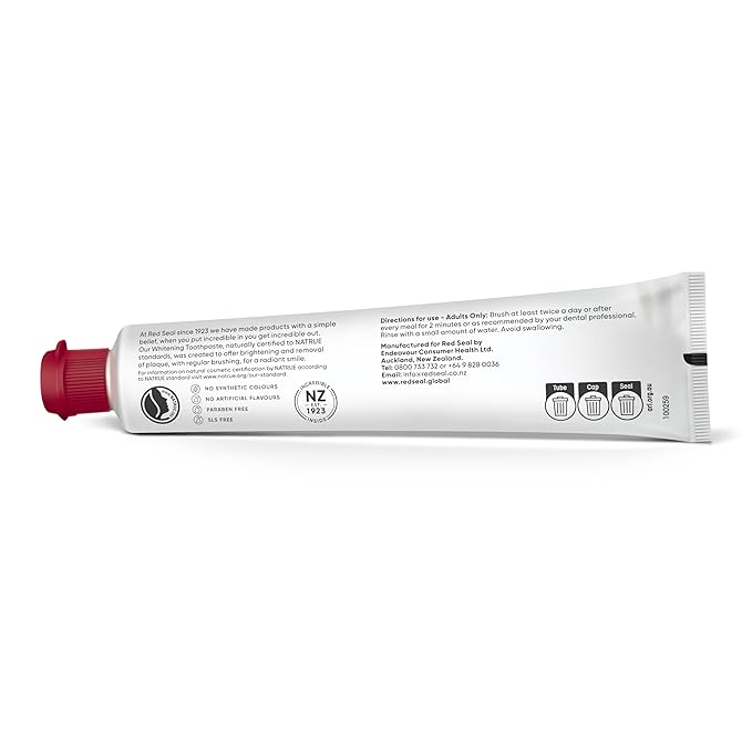 Red Seal Fluoride Free Whitening Toothpaste - Mint - Vegan Friendly, Cruelty Free, No Synthetic Colors or Artificial Flavors, NATRUE Certified Natural Ingredients, Paraben & SLS Free, 3.53 oz