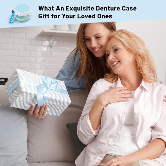 Denture Case, Leak Proof Denture Bath Cup for Travel, Denture Container Cups for Soaking Full & Partial Dentures, Retainers, Mouth Guard with Denture Cleaner Brush, Aligner Removal Tool - White