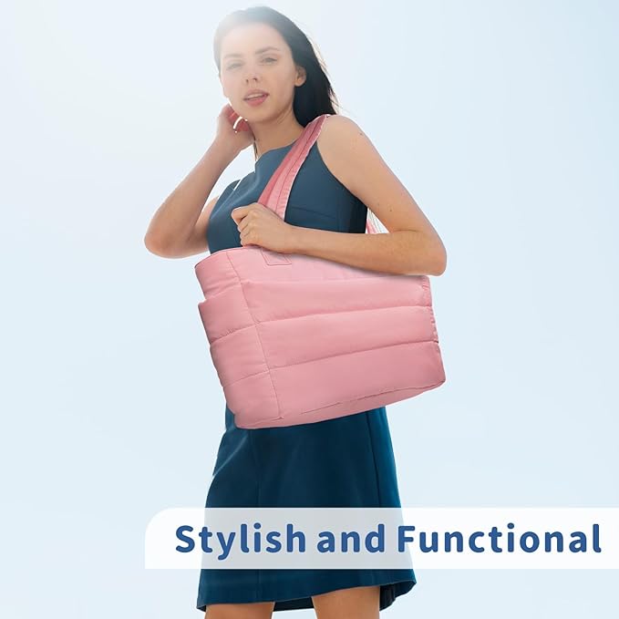 TOPDesign Puffer Tote Bag for Women, Lightweight Puffy Handbag with Compartments, Quilted Shoulder Bag for Work, Travel, Gym