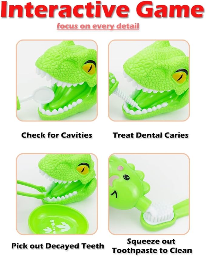 10PCS Plastic Dinosaur Simulation Dentist Play Set Animal Animation Medical Kit Pretend Toy for Kids Hygienic Habbit Cultivation Role Play Game for Children 4 Colors Simple OPP Bag Packaging (Green)