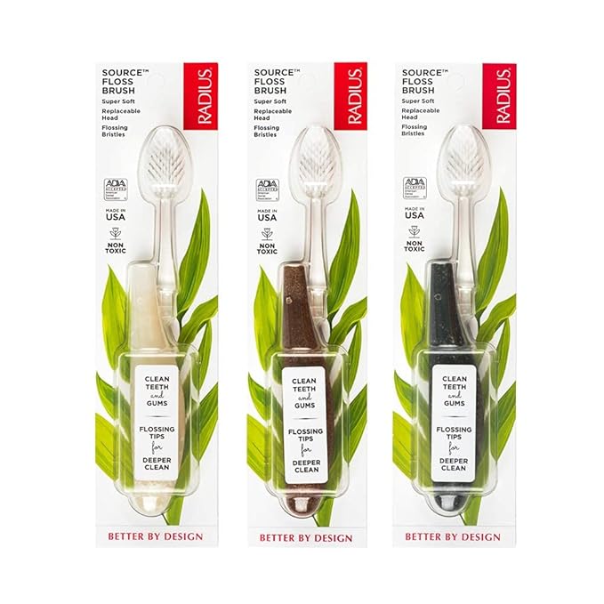 RADIUS Toothbrush Source Floss Brush BPA Free & ADA Accepted Improve Gum Health & Reduce Gum Issues - Super Soft - Cornstarch/Wood/Money - Pack of 3
