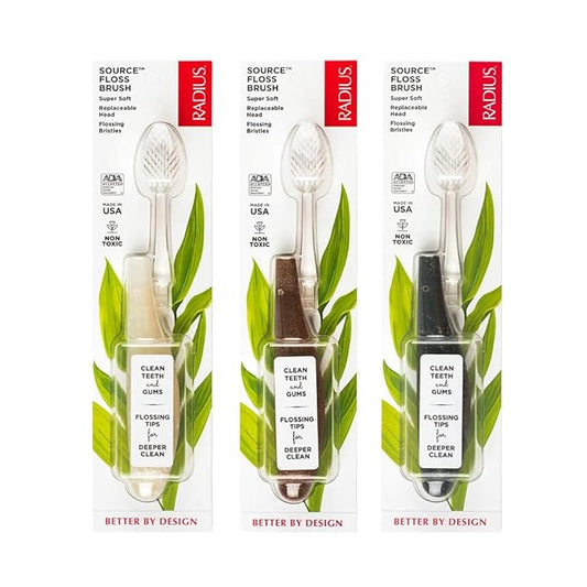 RADIUS Toothbrush Source Floss Brush BPA Free & ADA Accepted Improve Gum Health & Reduce Gum Issues - Super Soft - Cornstarch/Wood/Money - Pack of 3