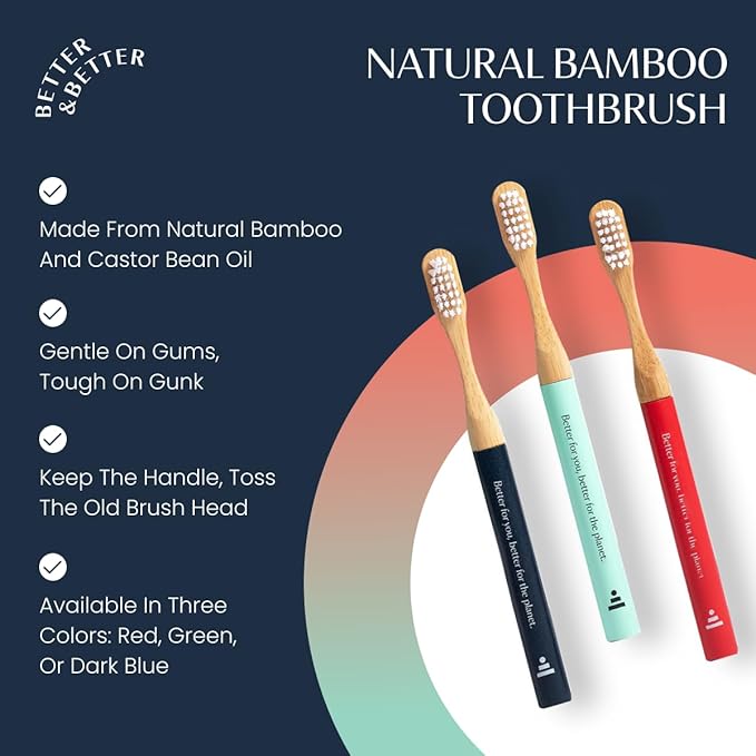 Better & Better Natural Bamboo Toothbrush for Kids | Extra Soft Bristle Toothbrush | 100% Plant-Based | Reusable Handle, Replaceable Brush Head | Eco-Friendly, Zero Plastic (Dark Blue)