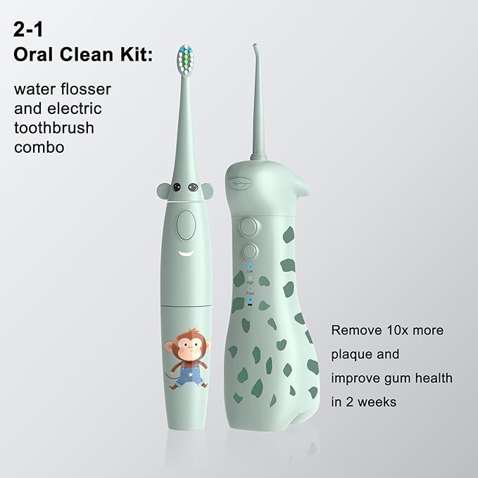 2-1 Kids Oral Clean Kit- Water Dental flosser & Electric Toothbrush Combo for Kids-Brushing & Flossing-Safe & Effective -Cute Giraffe and Monkey Theme