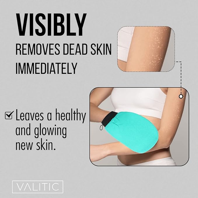 Valitic Exfoliating Glove Body Scrubber - Exfoliating Mitt Dead Skin Remover, Shower Face and Body Exfoliator - Korean Style Skin Scrubber Washcloth - Spray and Self Tan Remover, Pair Turquoise