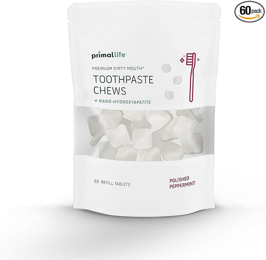 Primal Life Organics Premium Dirty Mouth Toothpaste Chews – Nano-Hydroxyapatite Whitening Toothpaste Tablets for Adults - Gluten Free, Vegan, Paleo - 60 Tablets in Bag - Polished Peppermint