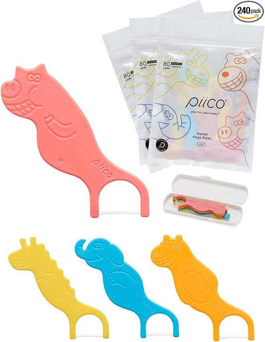 Piico Unflavored Kids Floss - No Fluoride Dual Line Dental Floss Picks - Fun Oral Care in Colorful Floss Sticks Design - Kids Flossers Prevent Tooth Decay & Gum Disease - 240 Count Zoo & Travel Case
