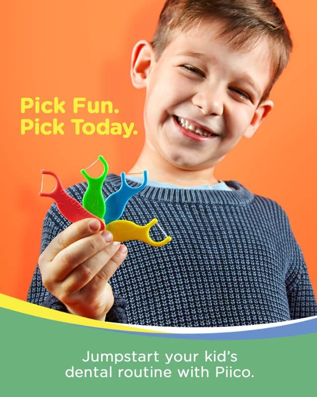 Piico Unflavored Kids Floss - No Fluoride Dual Line Dental Floss Picks - Fun Oral Care in Colorful Floss Sticks Design - Flossers Prevent Tooth Decay & Gum Disease - 300 Playground Dino & Travel Case
